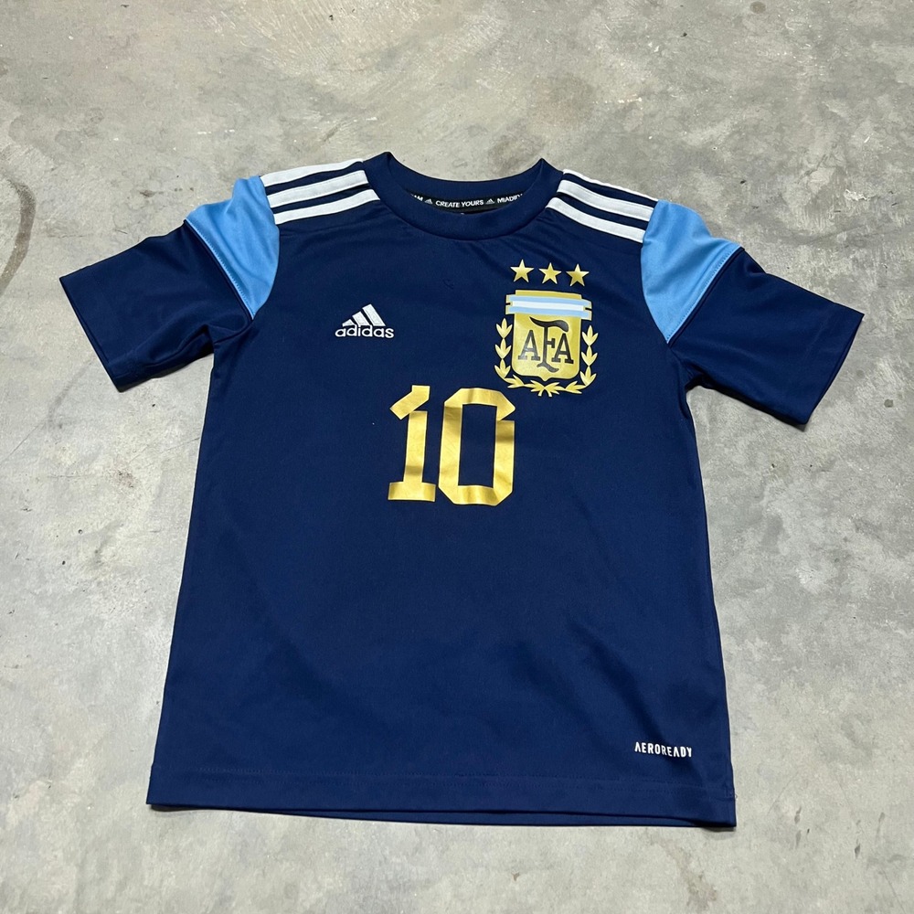 Adidas Kids Argentina Messi 10 Soccer Jersey Navy Blue Gold 7-8Y XS Aeroready